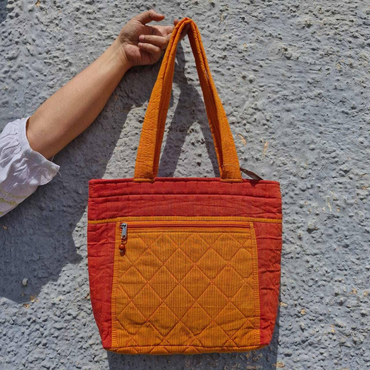 Quilted Front Zip Cotton Tote Bags