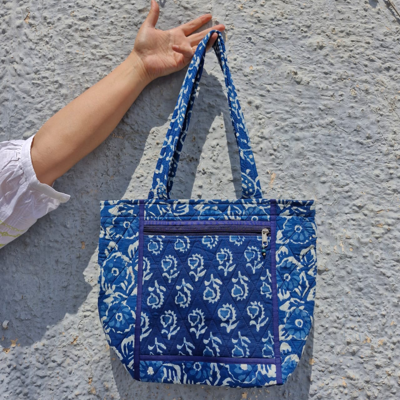 Quilted Front Zip Cotton Tote Bags