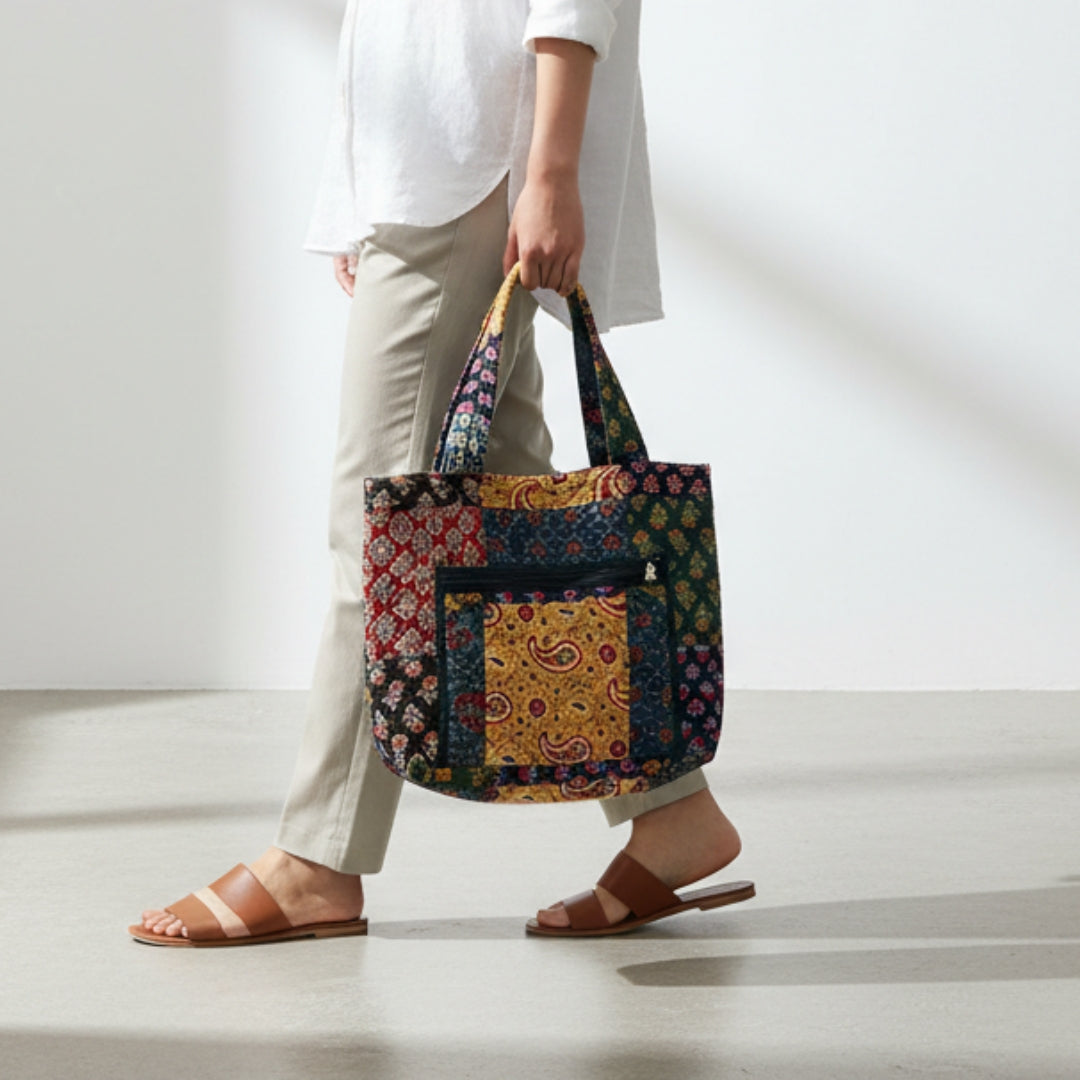 Multicoloured Ajrakh Handcrafted Quilted Tote Bag