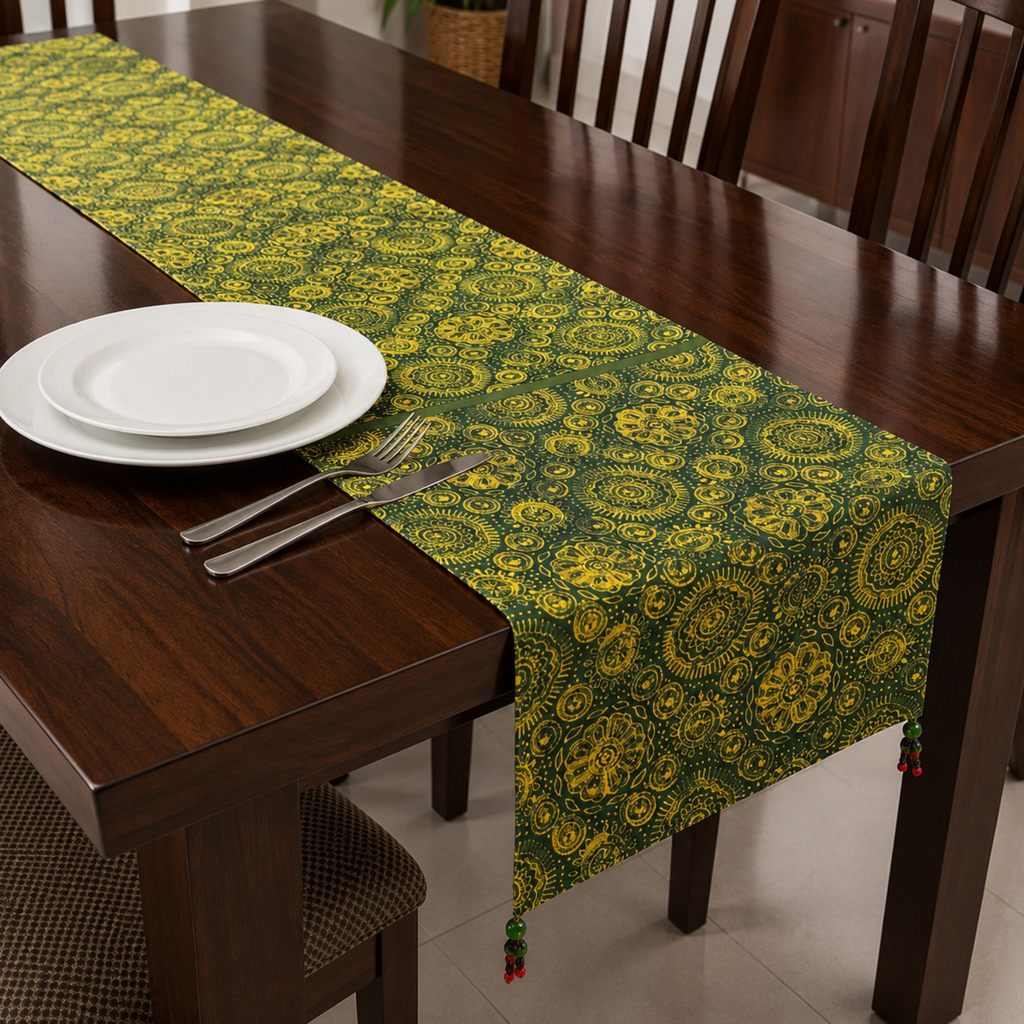 Green Ajrakh Print Table Runner