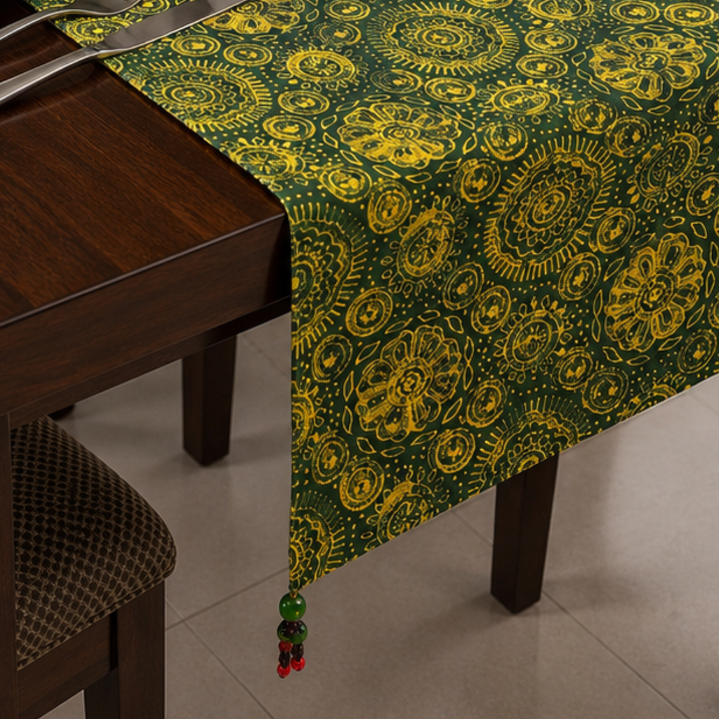Green Ajrakh Print Table Runner