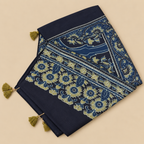 Stoles - Indigo and Green Ajrakh Print Modal Silk Stole