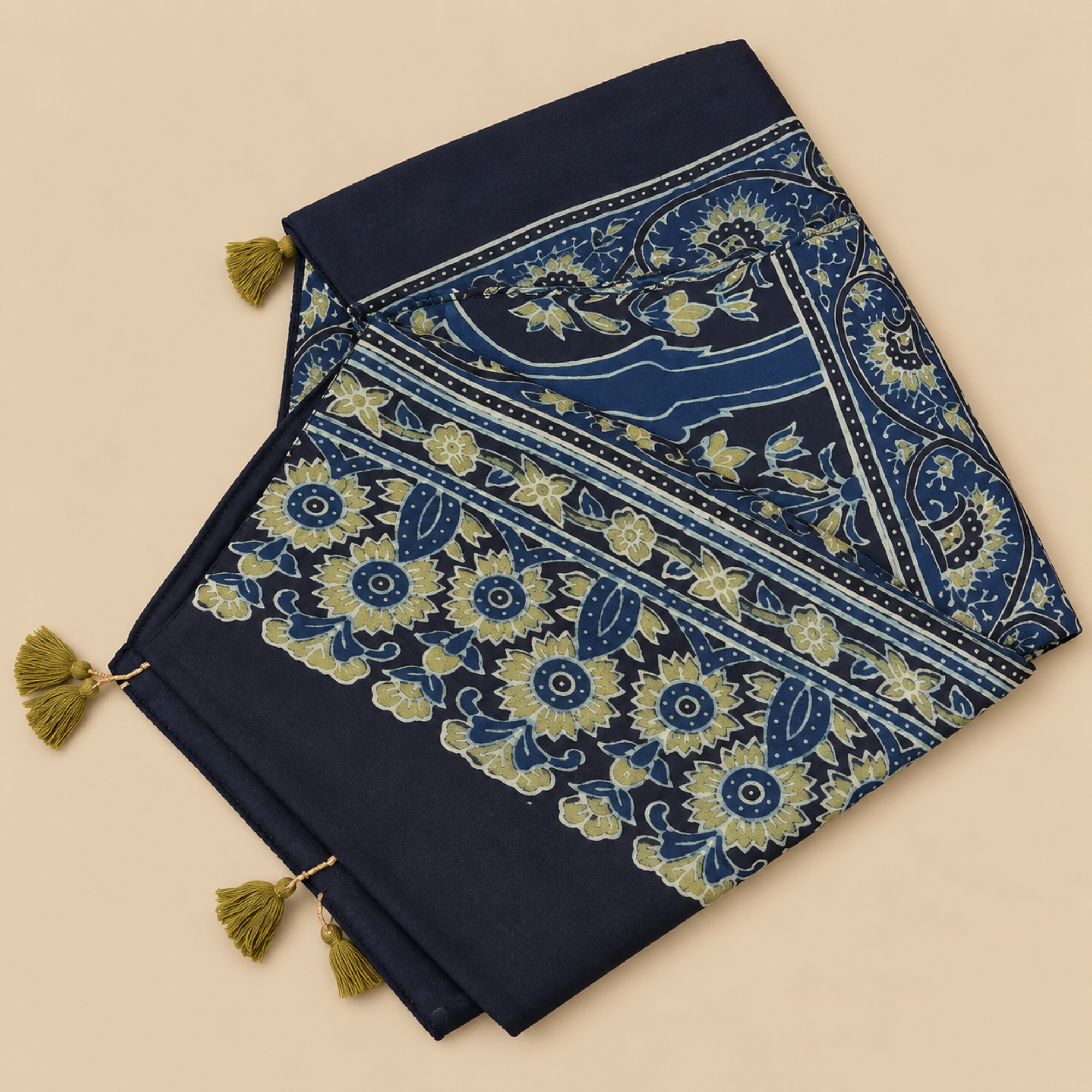 Stoles - Indigo and Green Ajrakh Print Modal Silk Stole