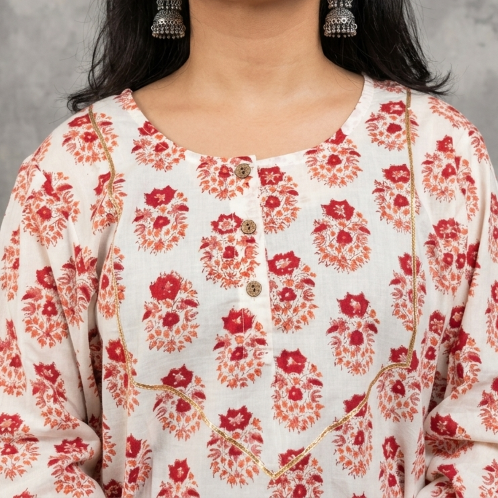 Cream Handblock Print Cotton Kurta