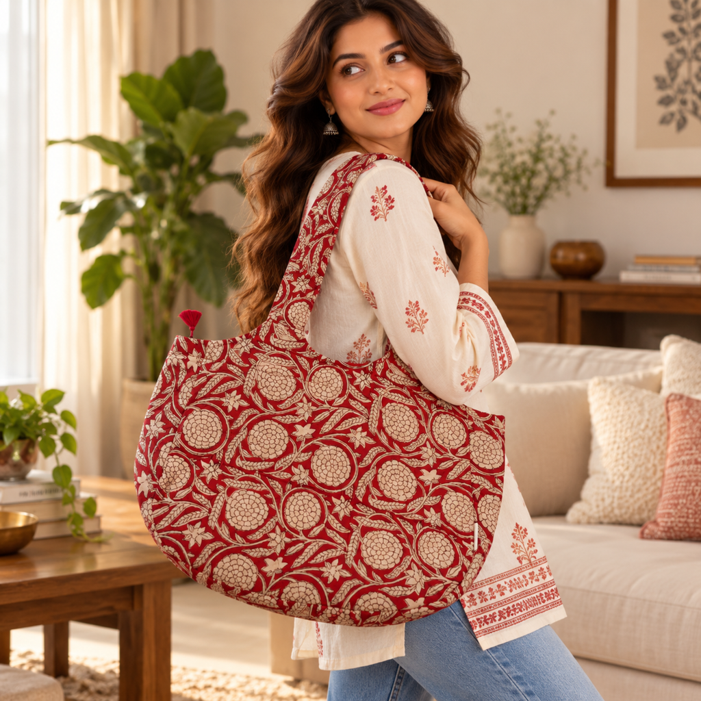 Red Handblock Print Boat Curve Quilted Tote