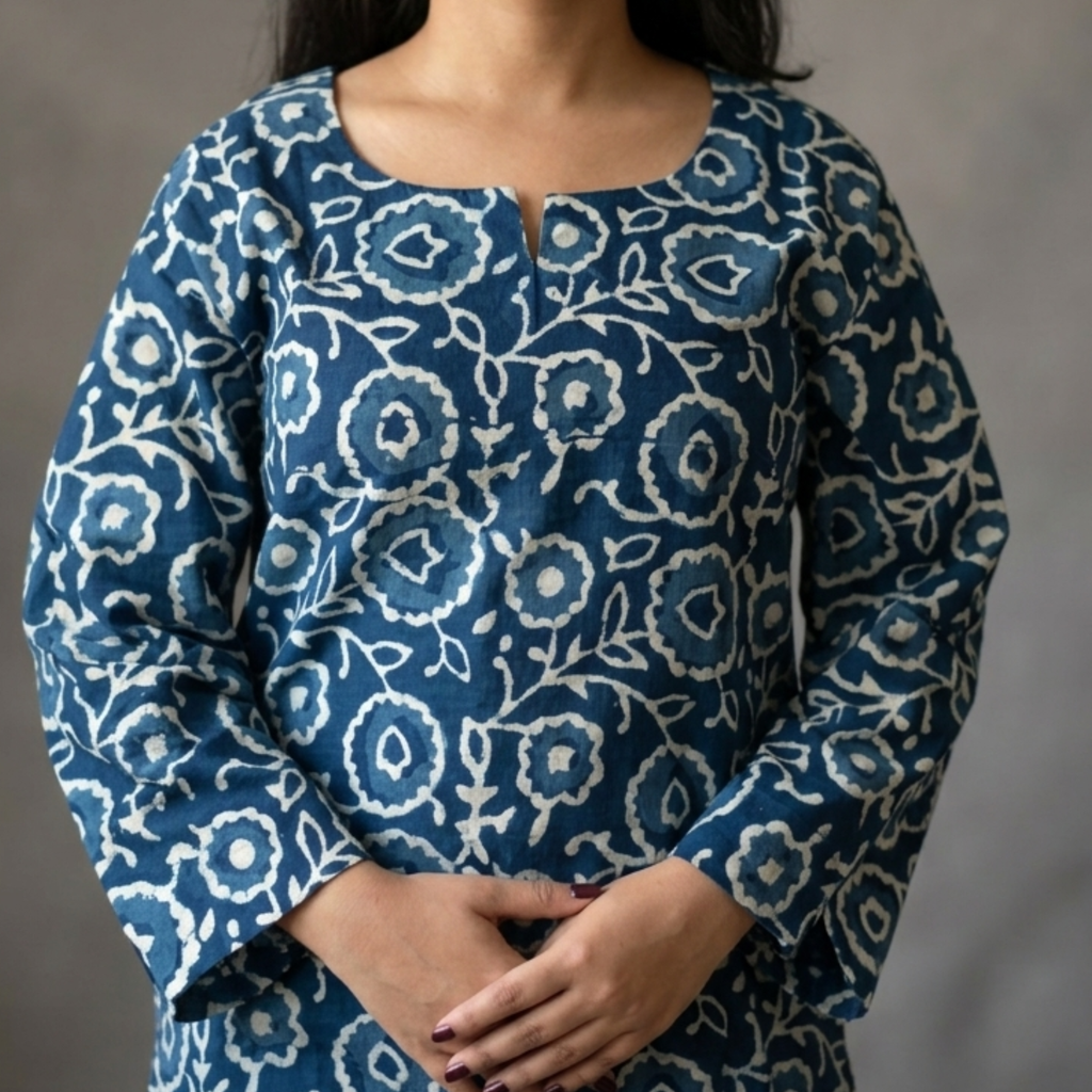 Indigo Handblock Print Cotton Kurta