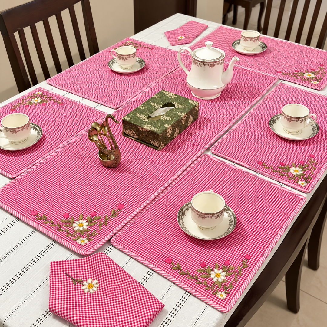 Bright Pink Checked Cotton Quilted Table Mat Set