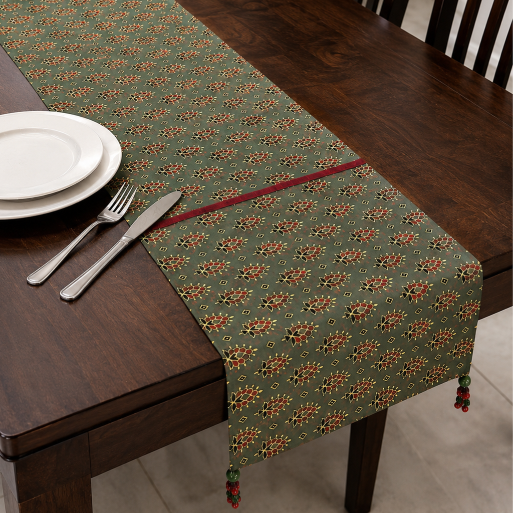 Green Ajrakh Print Table Runner