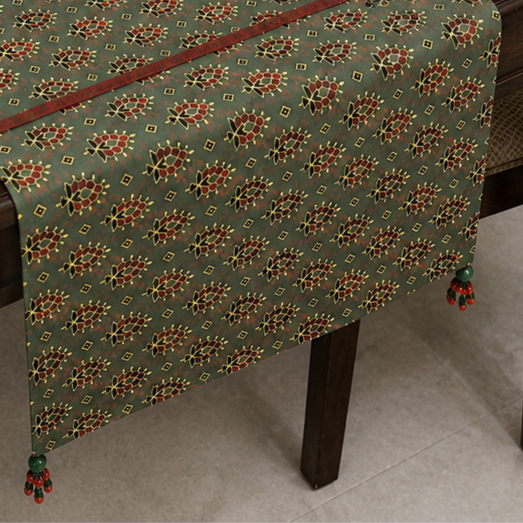 Green Ajrakh Print Table Runner