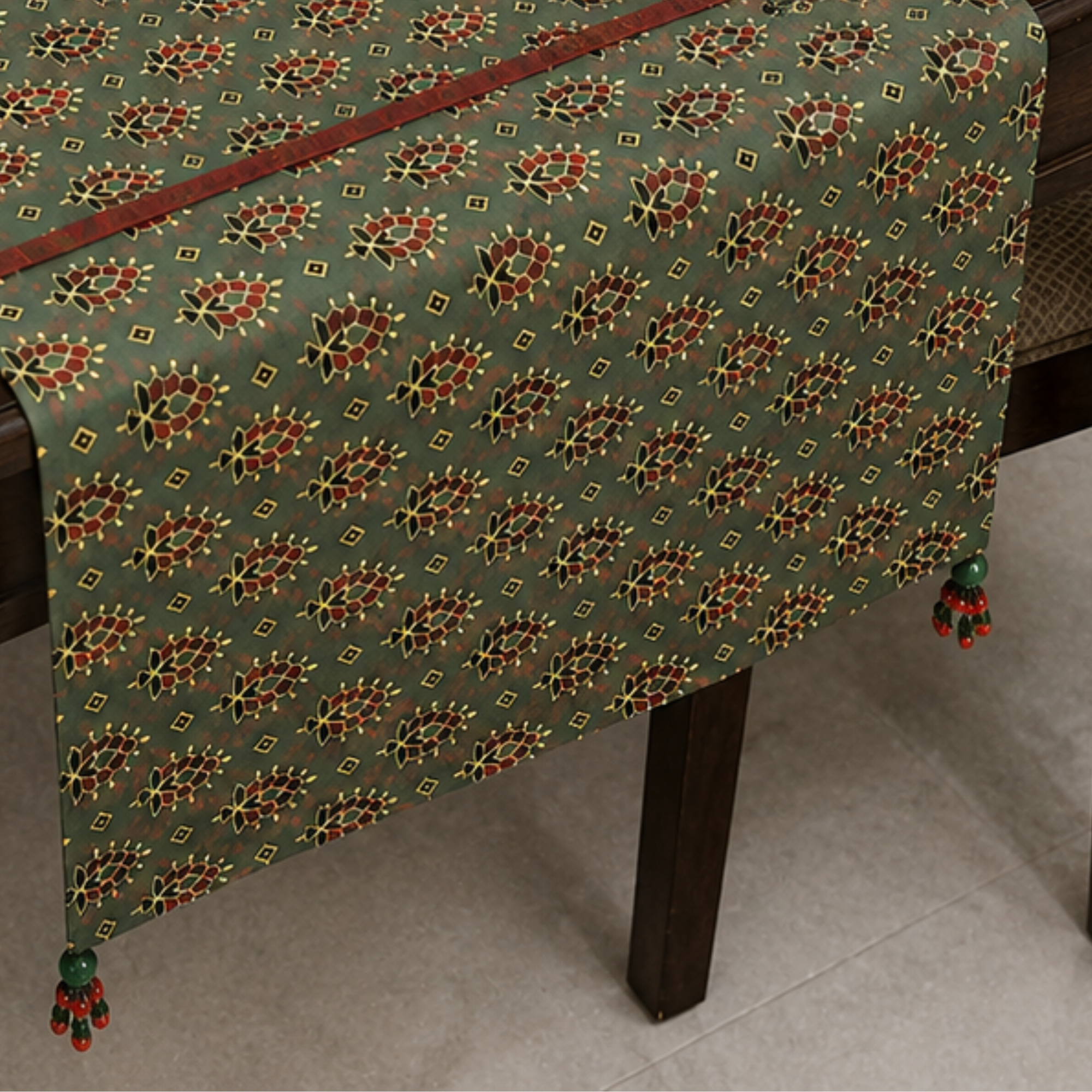 Green Ajrakh Print Table Runner