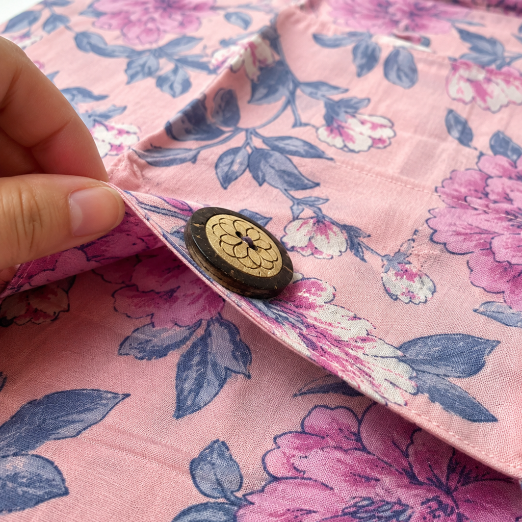 Close-up of a pink floral fabric garment with a large buttoned pocket, held open by a hand. The fabric features a bold pattern of pink and purple flowers with blue-gray leaves.