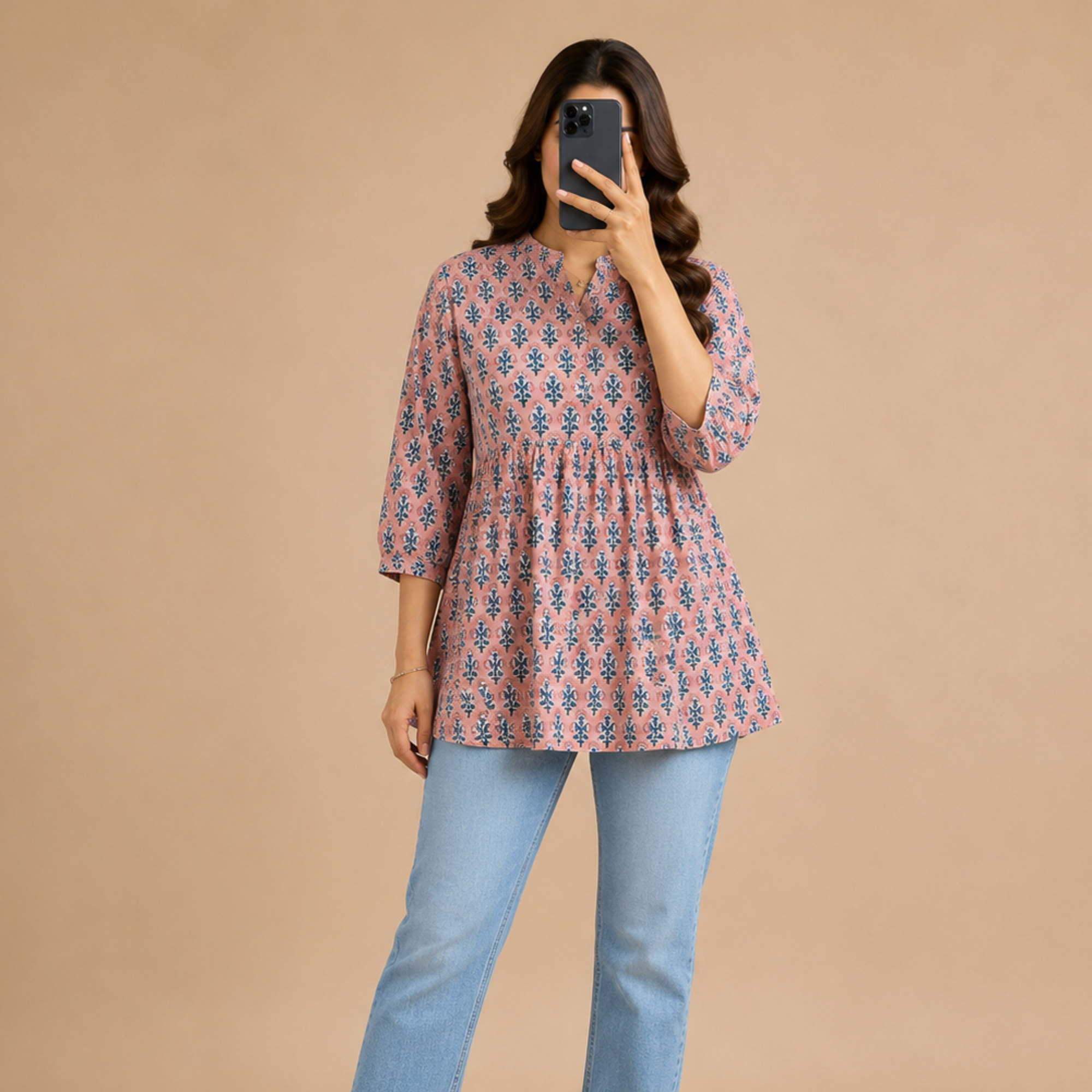 Peach Handblock Print Top