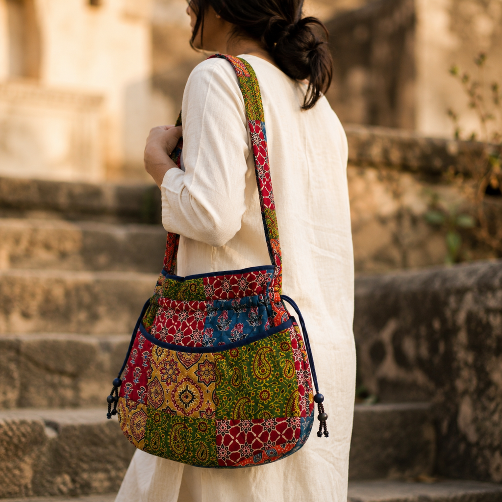 Multicoloured Ajrakh Drawstring Quilted Potli Bag