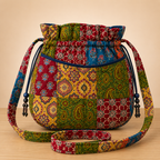 Multicoloured Ajrakh Drawstring Quilted Potli Bag