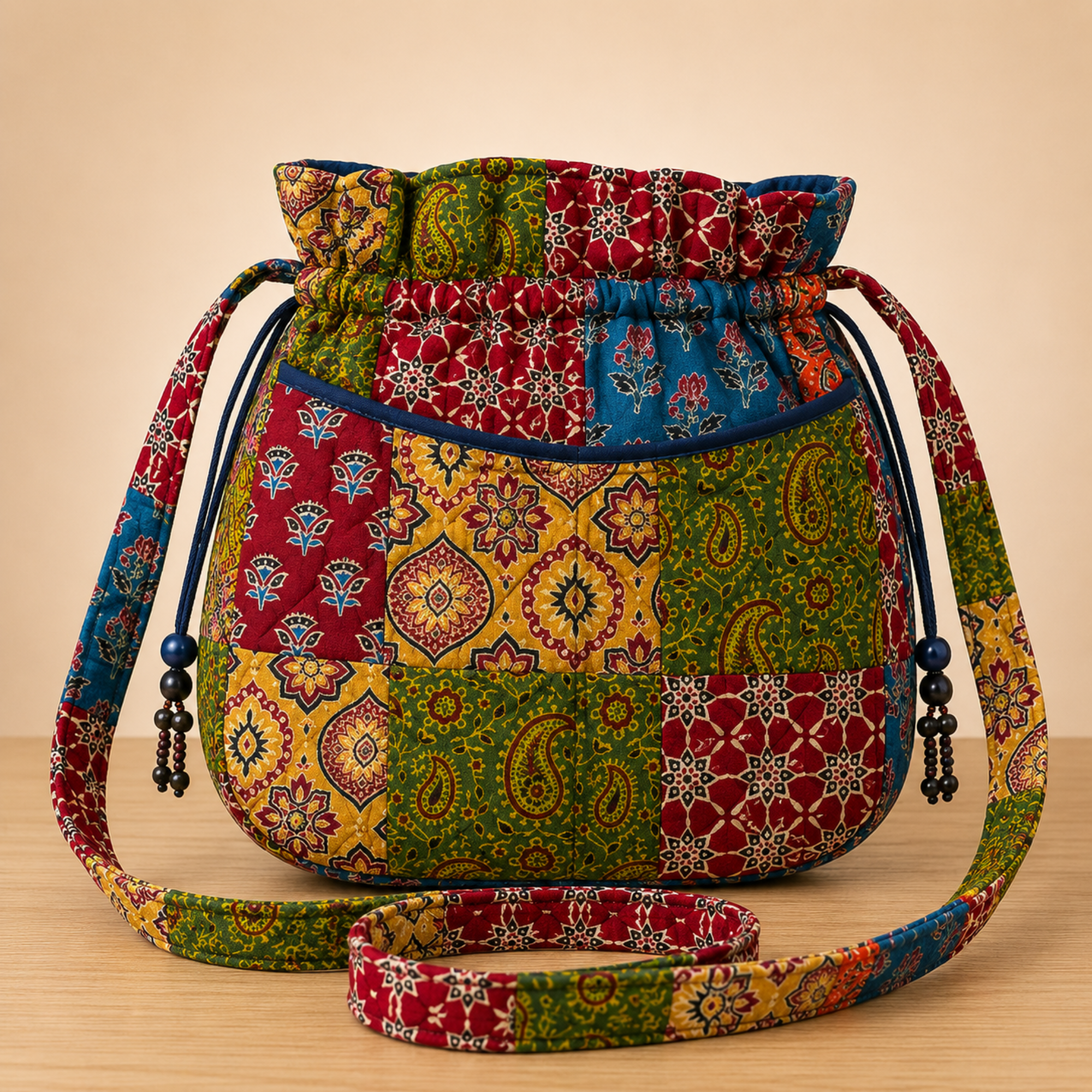 Multicoloured Ajrakh Drawstring Quilted Potli Bag