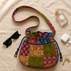 Multicoloured Ajrakh Drawstring Quilted Potli Bag