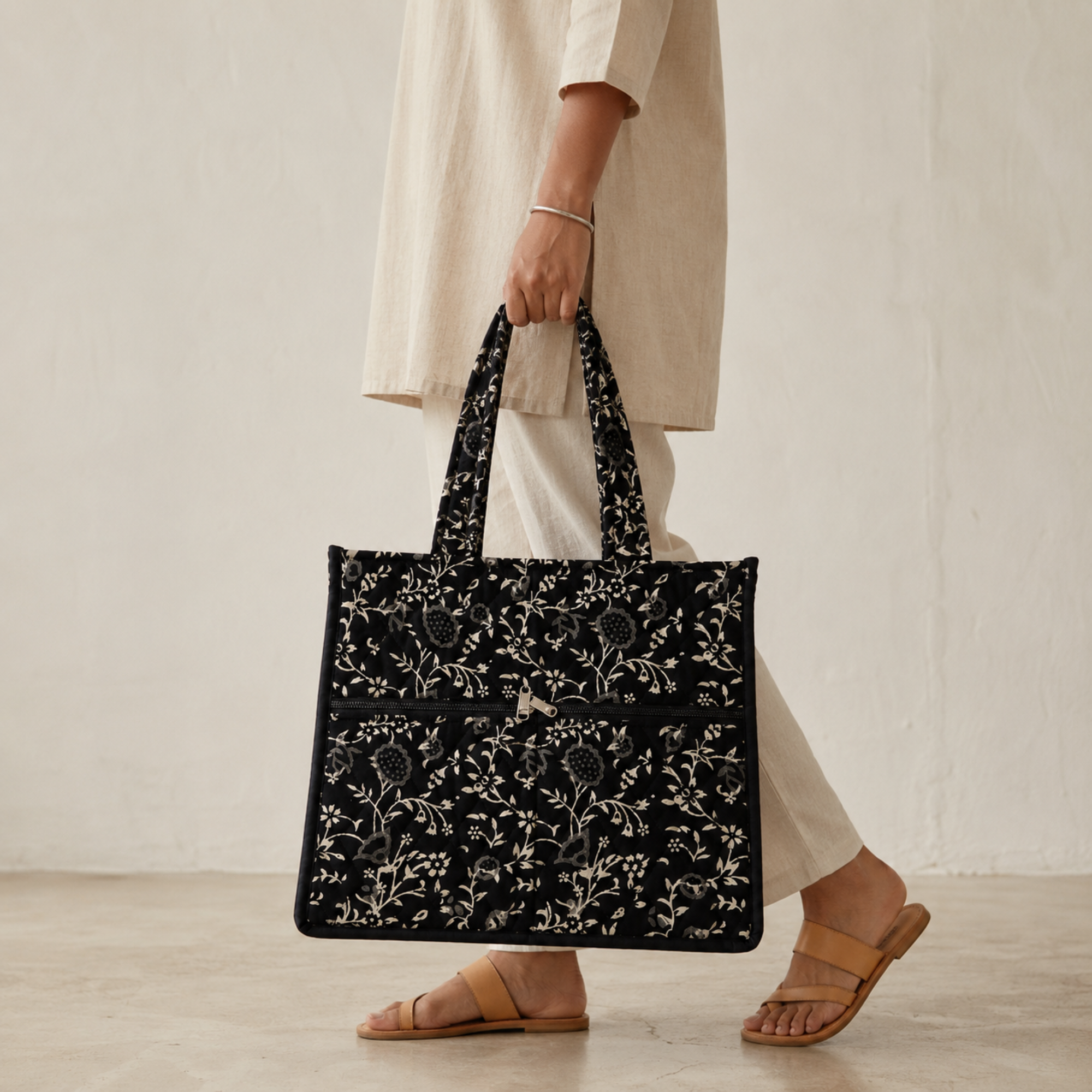 Black Handblock Print Tote Bag