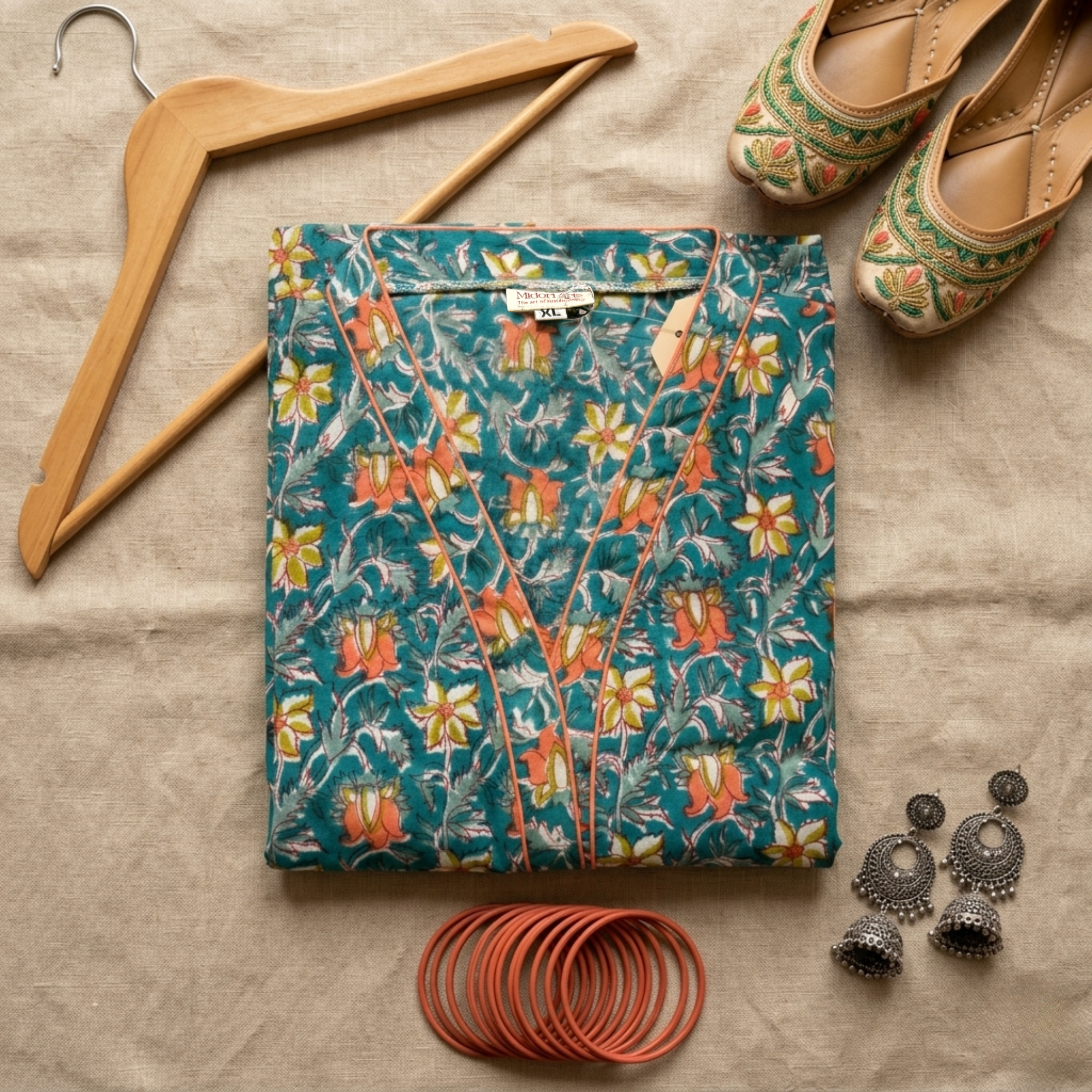 Teal Floral Handblock Print Cotton Kurta