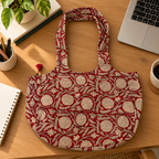 Red Handblock Print Boat Curve Quilted Tote