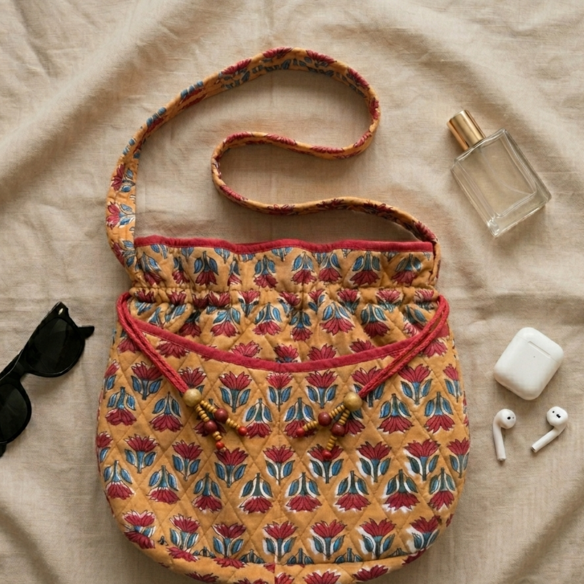Yellow & Red Quilted Potli Bag