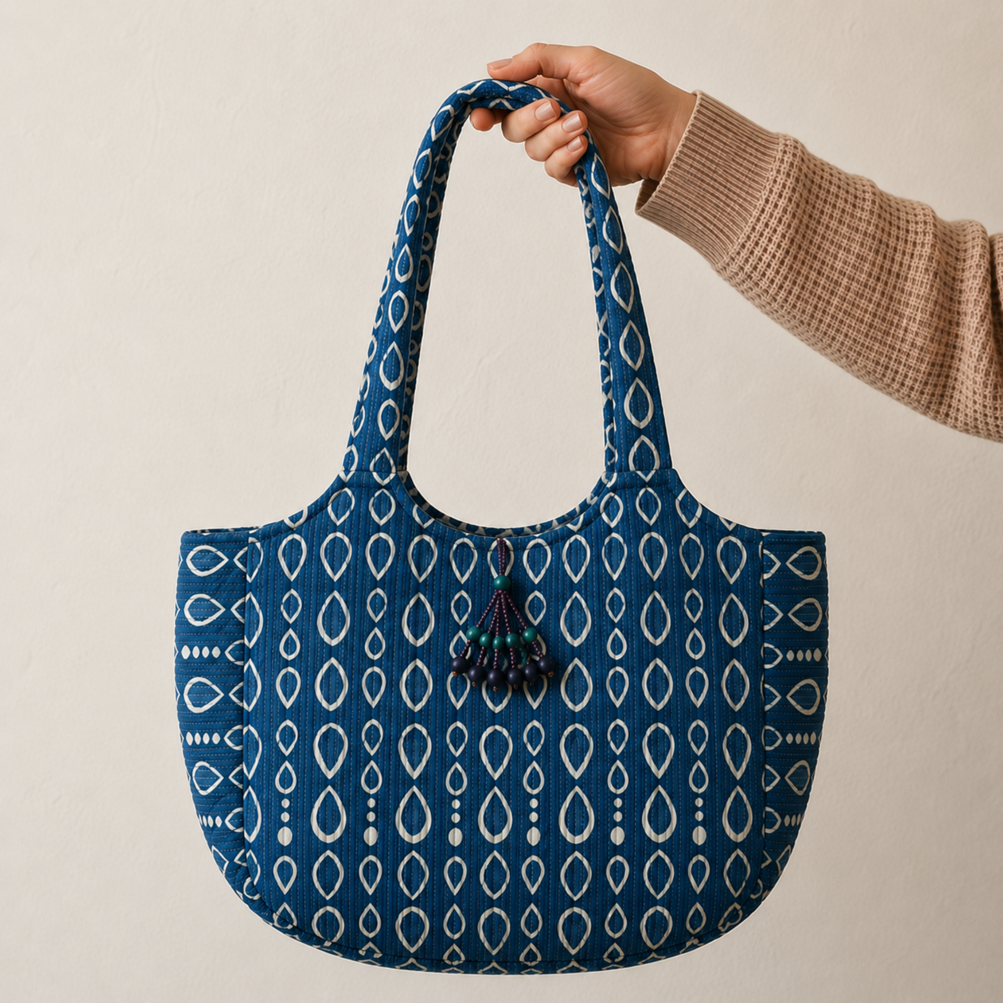 Indigo Boat Curve Handcrafted Quilted Tote