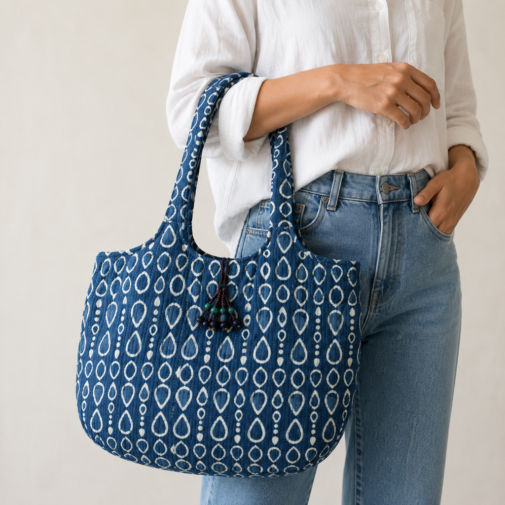 Indigo Boat Curve Handcrafted Quilted Tote