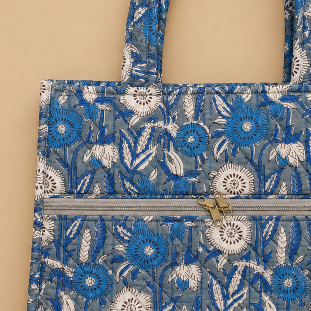 Floral Blue Handblock Print Tote Bag