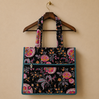 Floral Black Handblock Print Tote Bag
