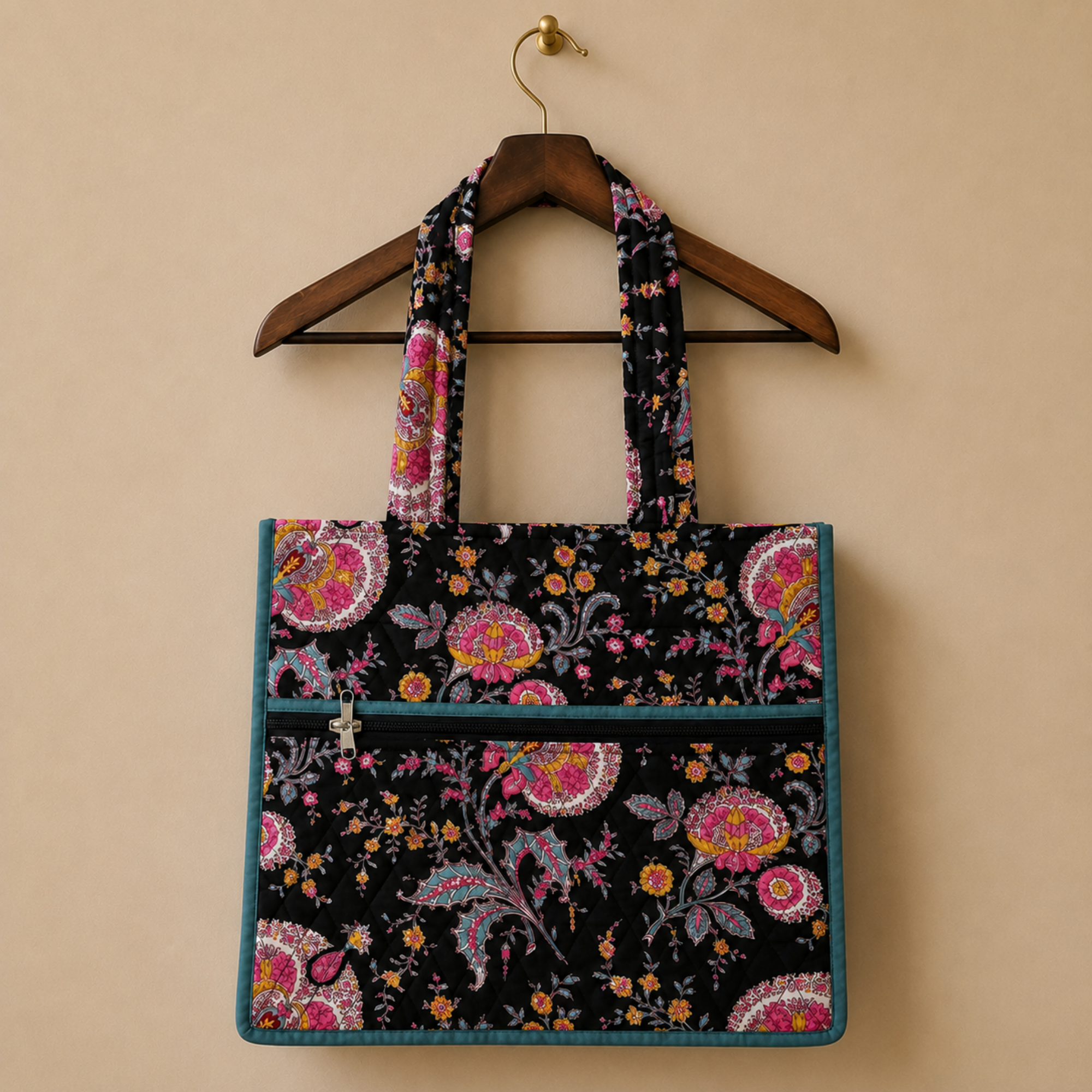 Black  Handblock Print Tote Bag