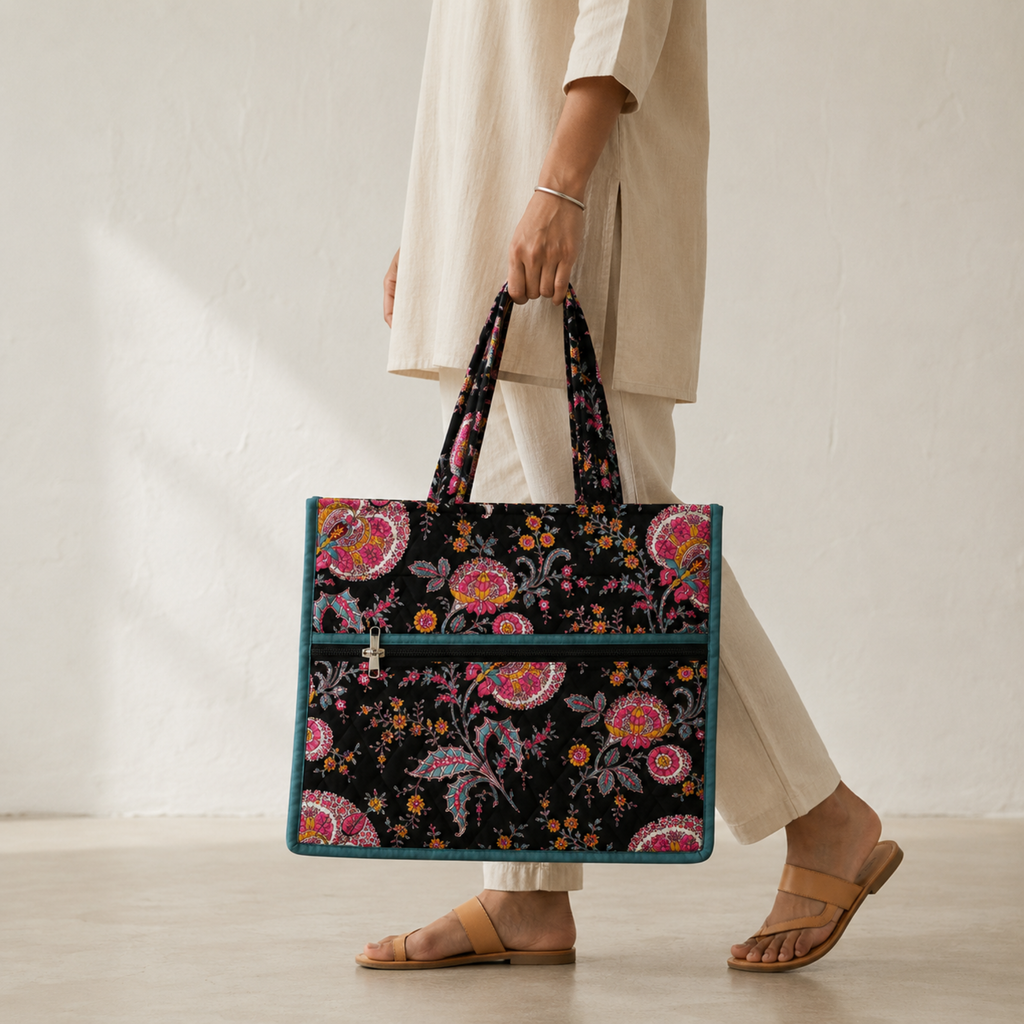 Floral Black Handblock Print Tote Bag
