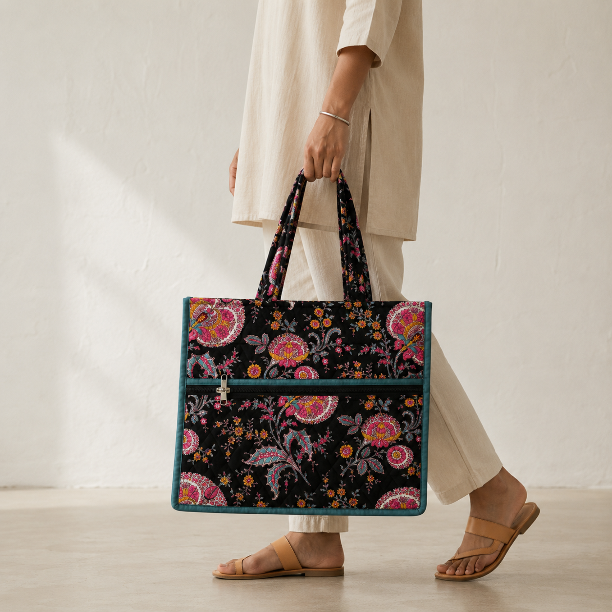 Black  Handblock Print Tote Bag
