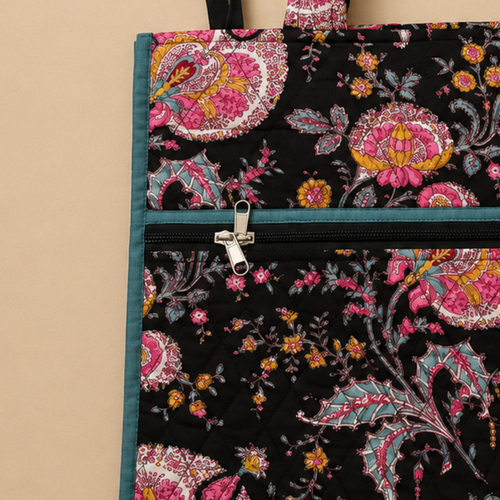 Black  Handblock Print Tote Bag