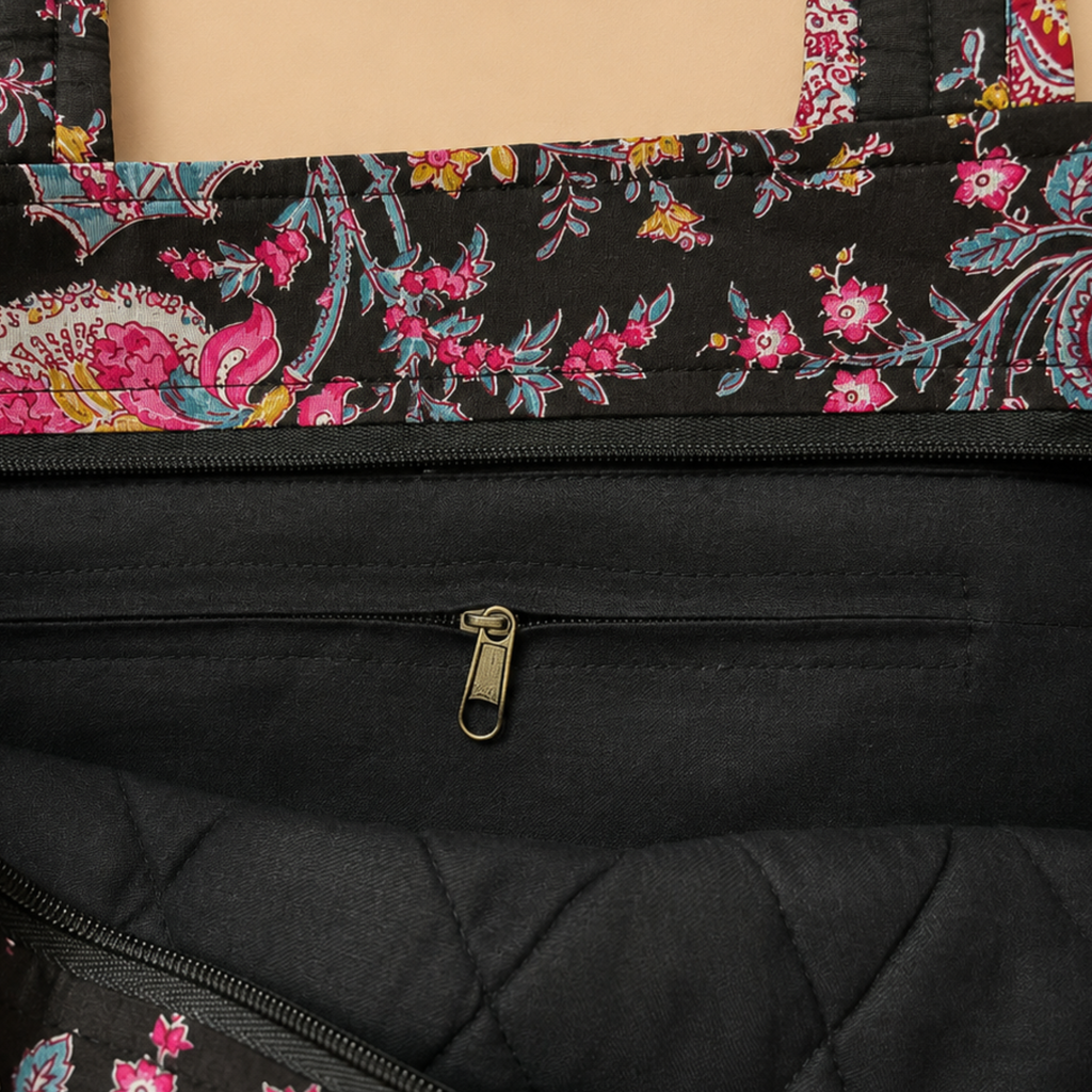Floral Black Handblock Print Tote Bag