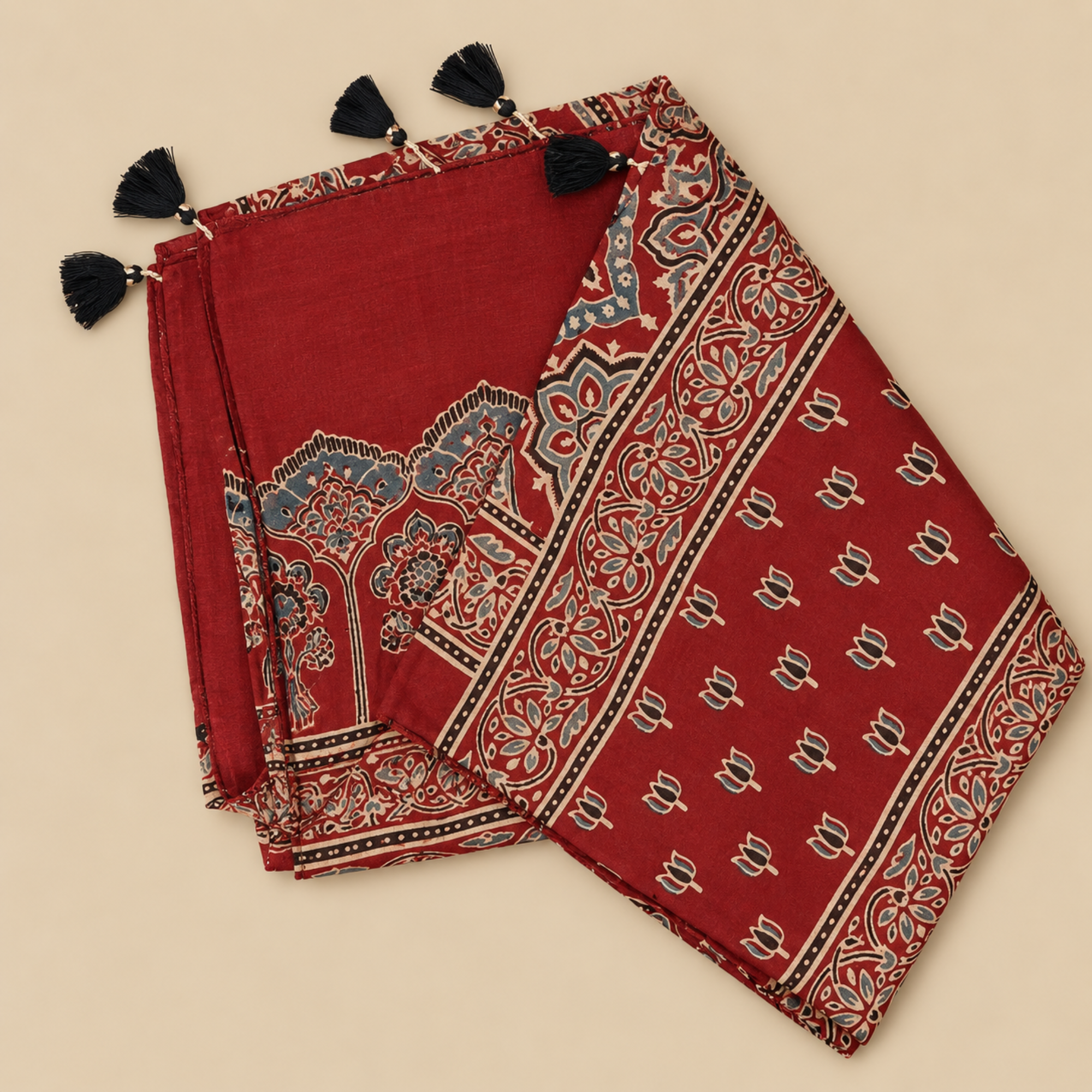 Stoles - Red Ajrakh Print Modal Silk Stole