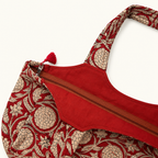Red Handblock Print Boat Curve Quilted Tote