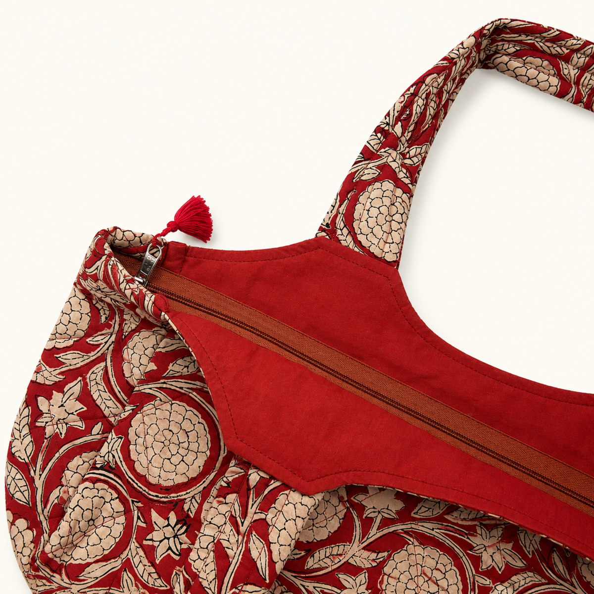 Red Handblock Print Boat Curve Quilted Tote