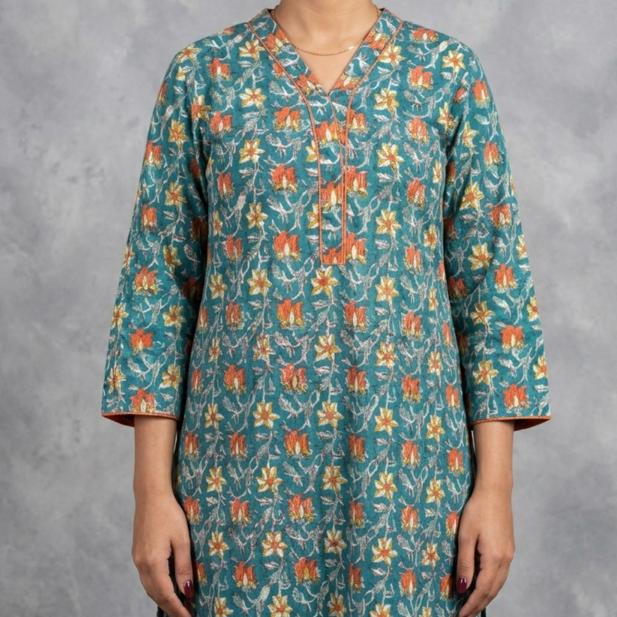 Teal Floral Handblock Print Cotton Kurta