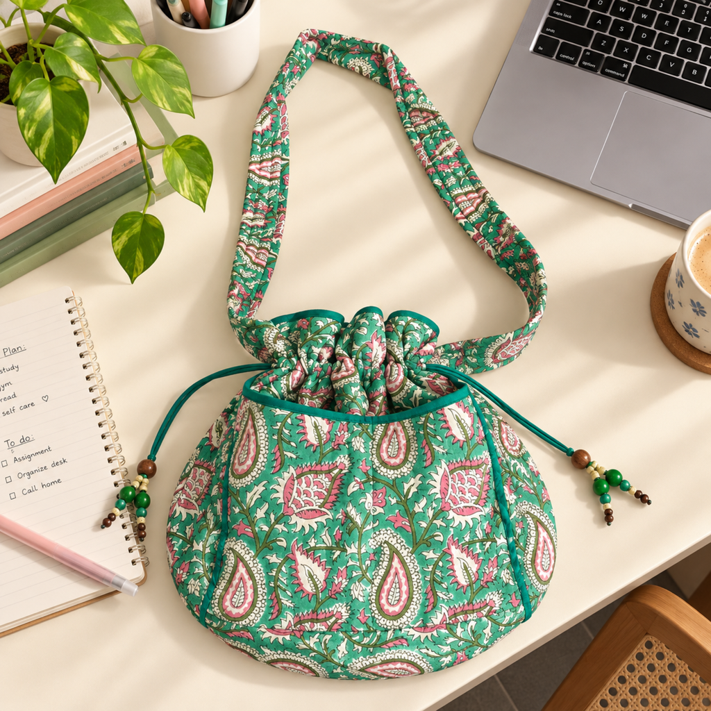 Green Handblock Print Quilted Potli Bag