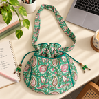 Green Handblock Print Quilted Potli Bag