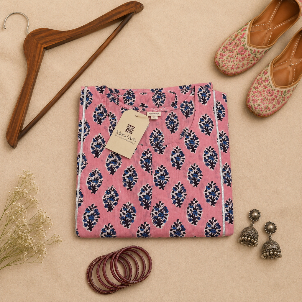 Pink Handblock Print Cotton Kurta