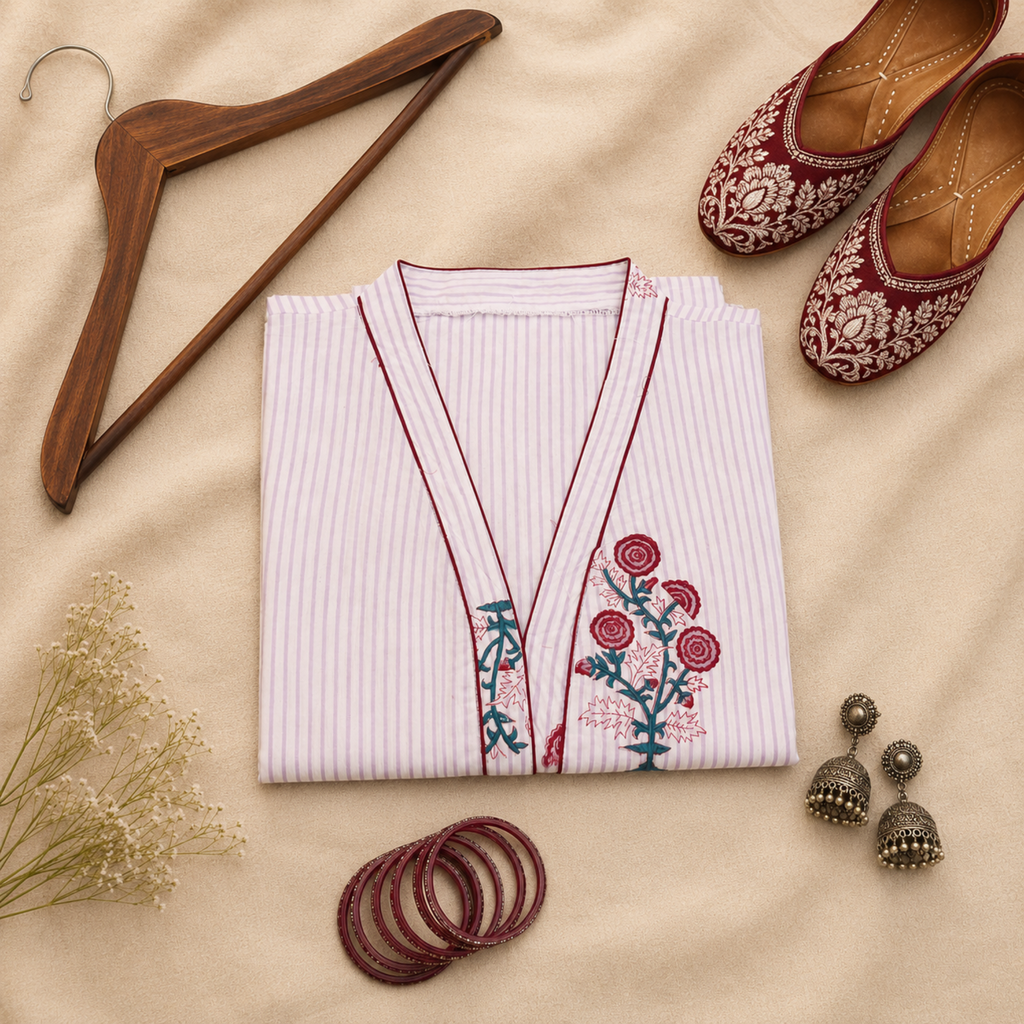 White Handblock Print Cotton Kurta