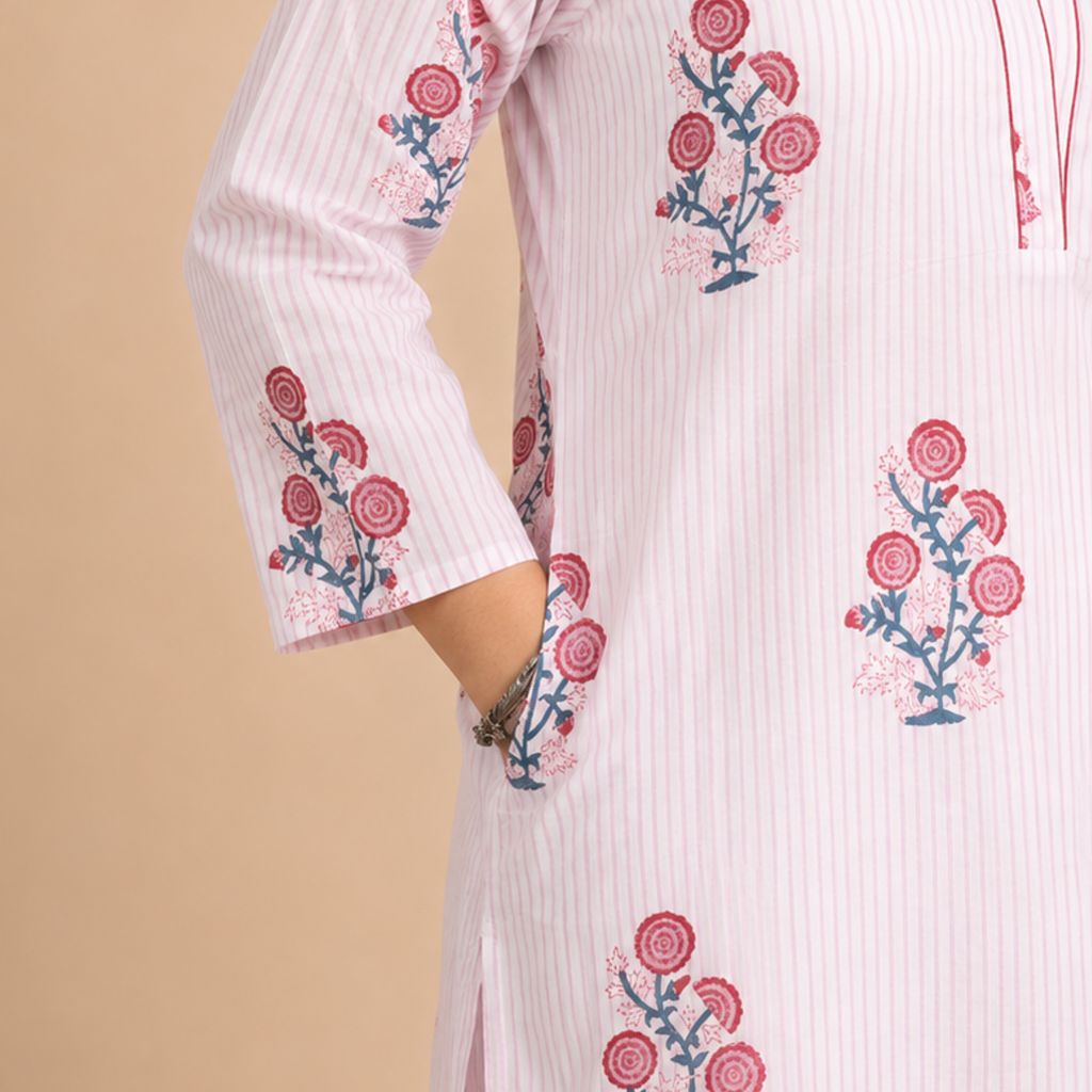 White Handblock Print Cotton Kurta