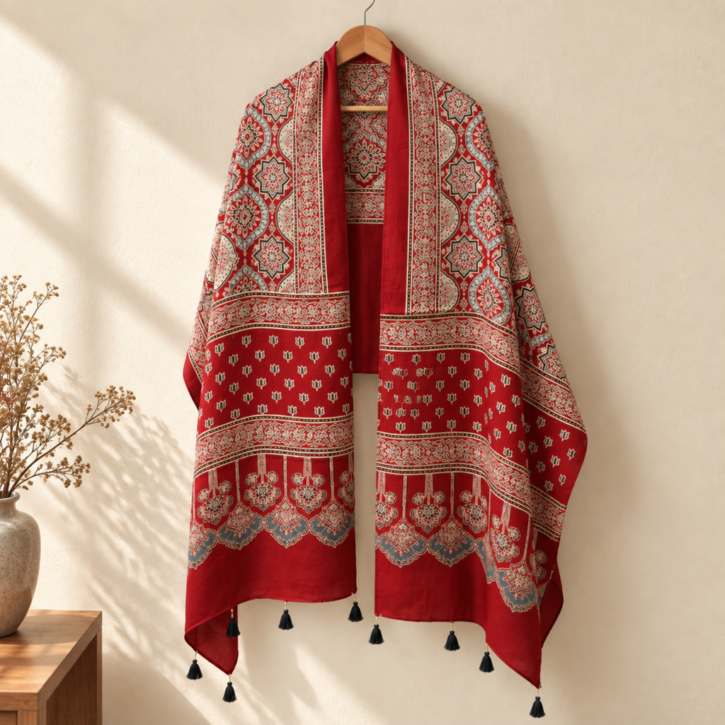 Stoles - Red Ajrakh Print Modal Silk Stole