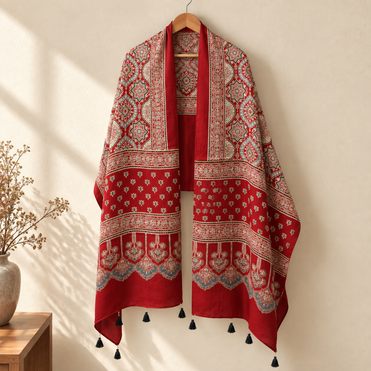 Stoles - Red Ajrakh Print Modal Silk Stole