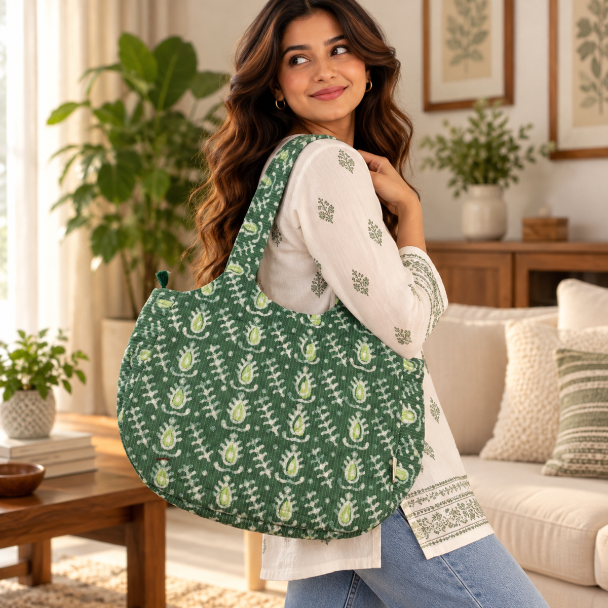 Green Handblock Boat Curve Quilted Tote