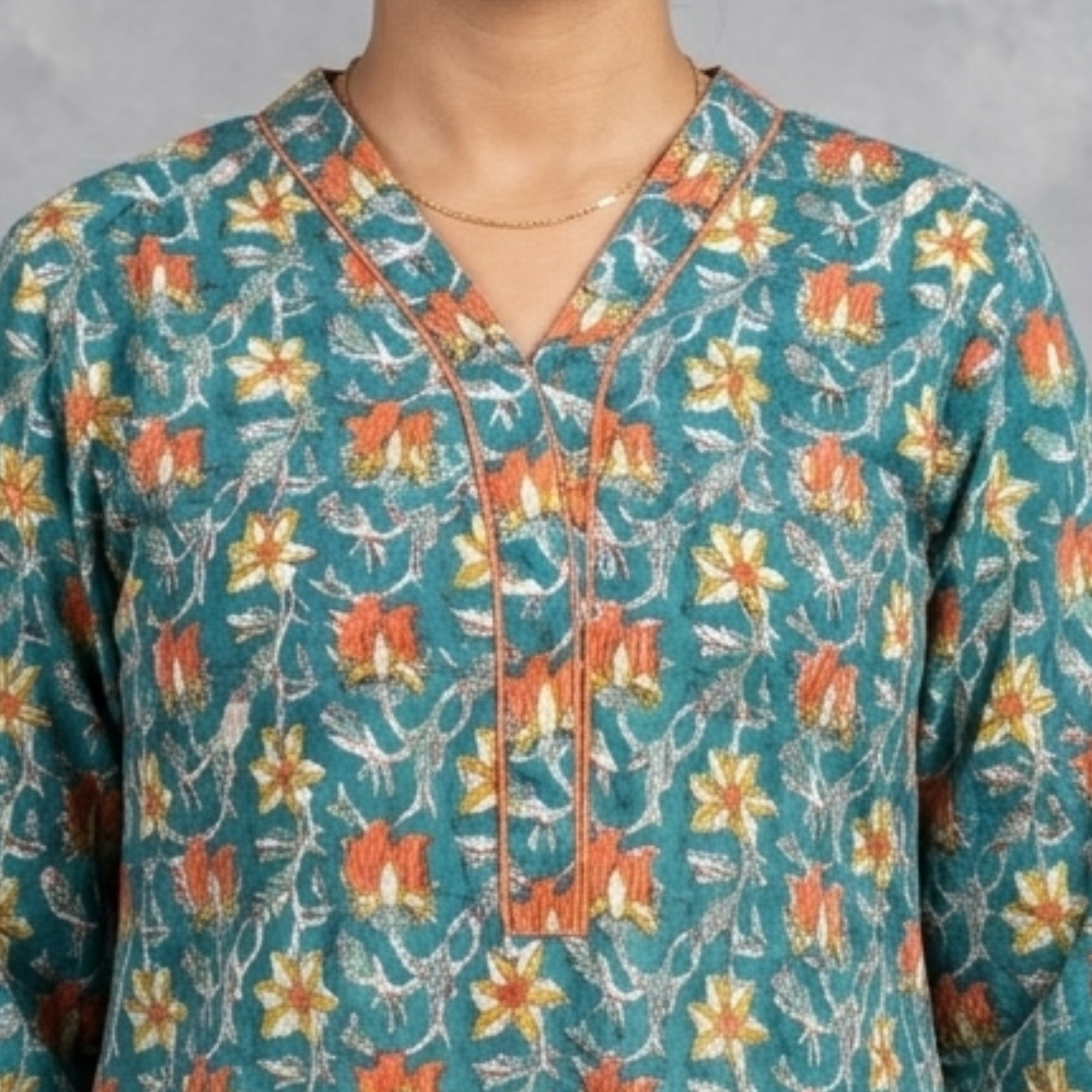 Teal Floral Handblock Print Cotton Kurta