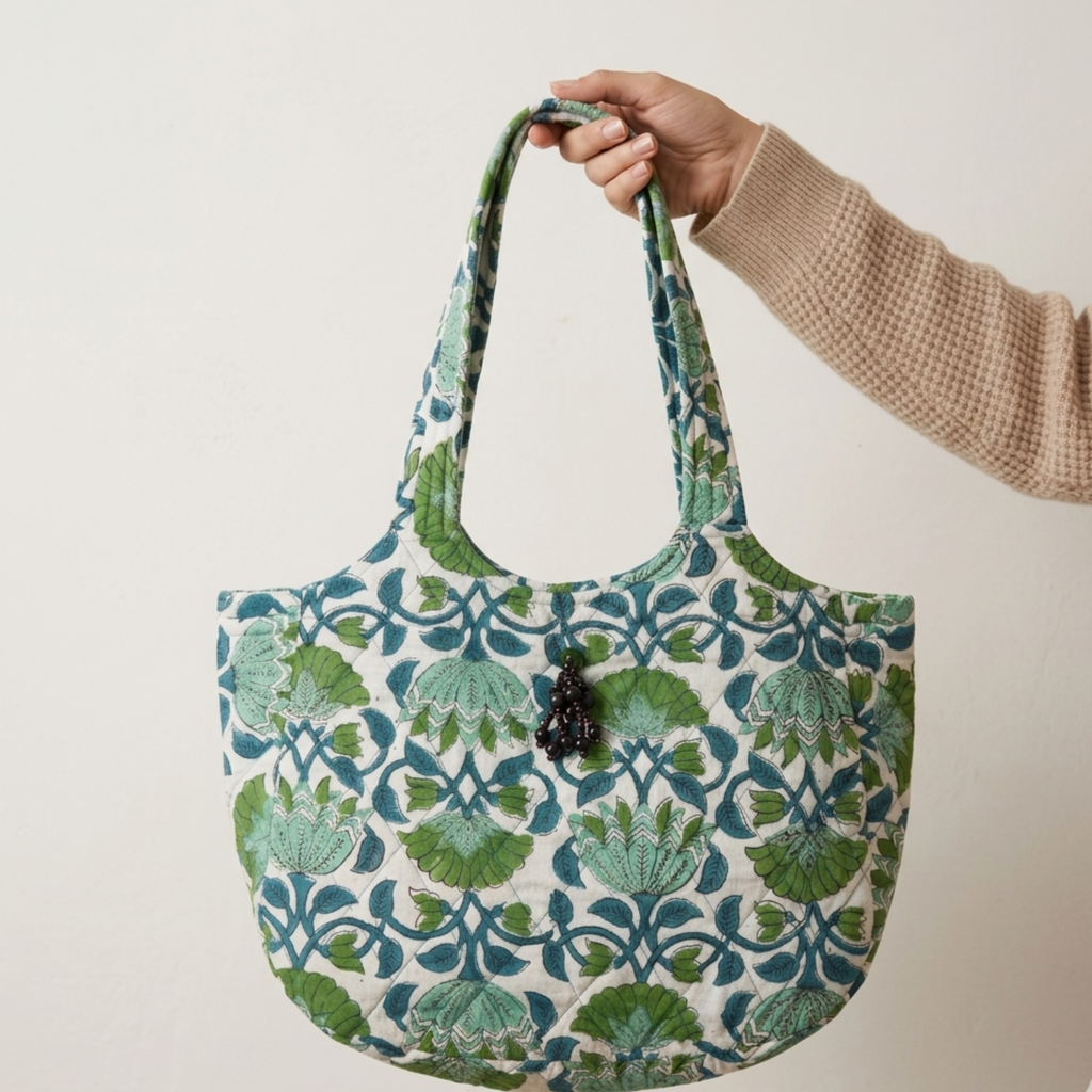 Green Floral Handblock Boat Curve Quilted Tote