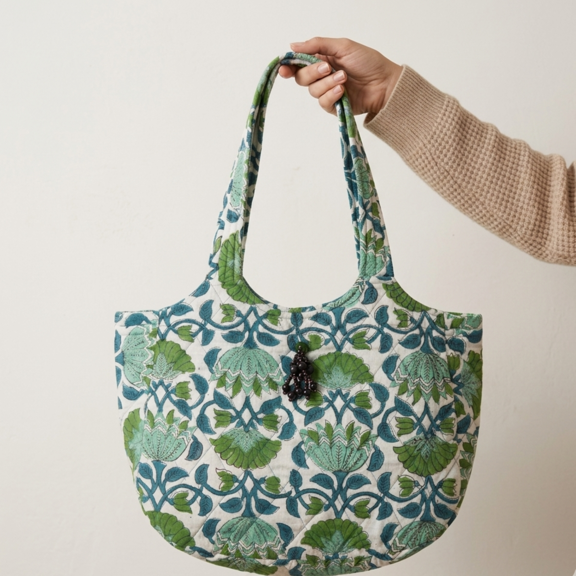 Green Floral Handblock Boat Curve Quilted Tote
