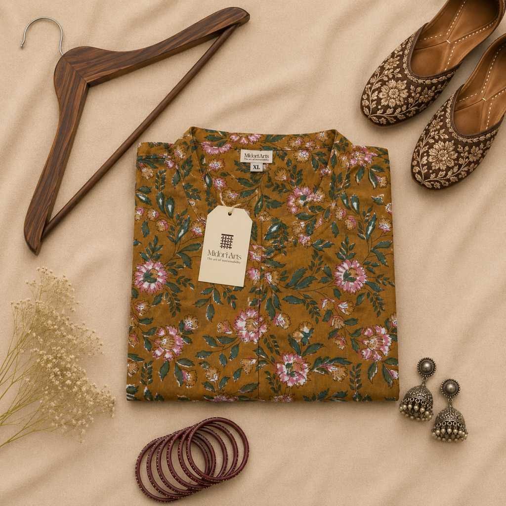 Mustard Handblock Print Cotton Kurta