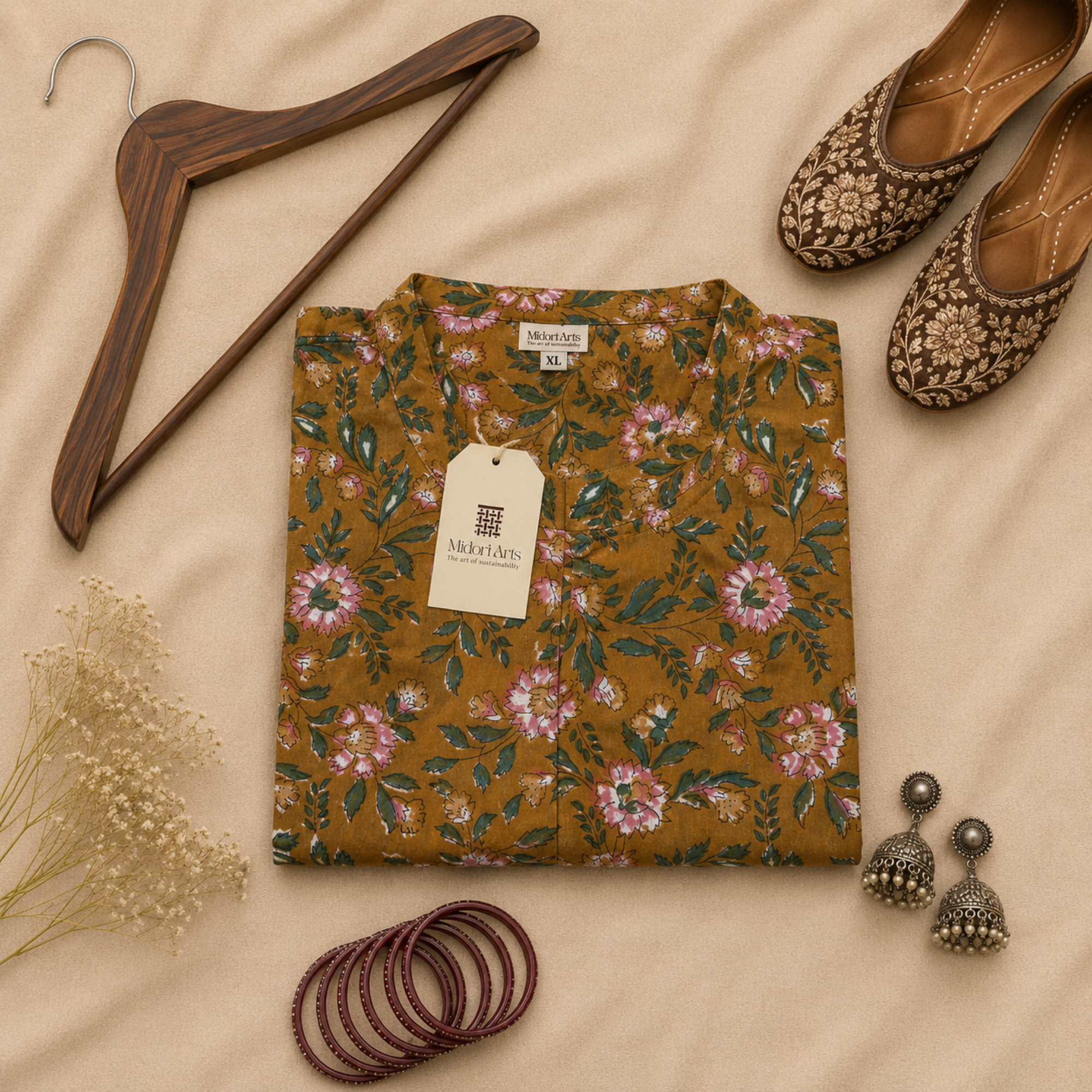 Mustard Handblock Print Cotton Kurta